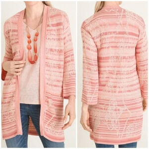 Chico's, Pink Embroidered Striped Jacquard Silky Cardigan Sweater Size Large